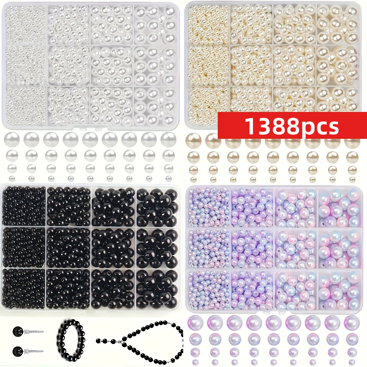 Vintage Fashion Necklace - 1388pcs 4/6/8/10mm Black, white, and blue