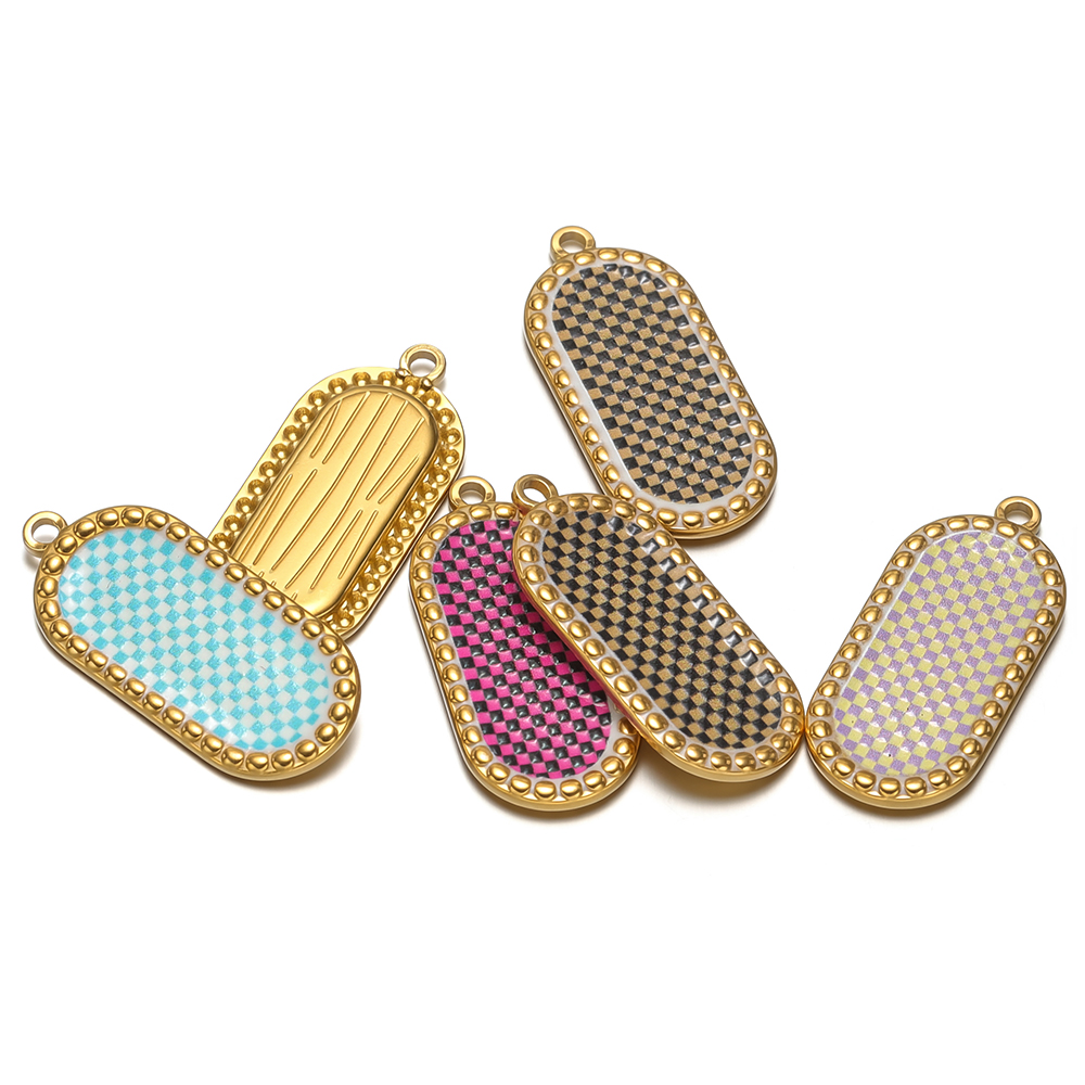 Vintage Fashion Necklace - 4pcs Stainless Steel Gold Oval Plaid