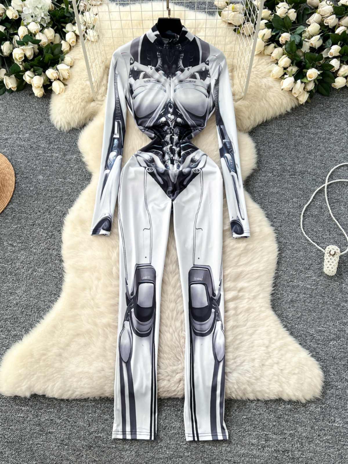 Women's Grey Print Jumpsuits V - Vintage Fashion Club avis et prix